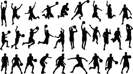 Basketball player silhouette, dynamic action poses, dribbling, shooting, dunking, passing, jumping, sports movement, athletic figure, black icon, vector illustration, team sport concept