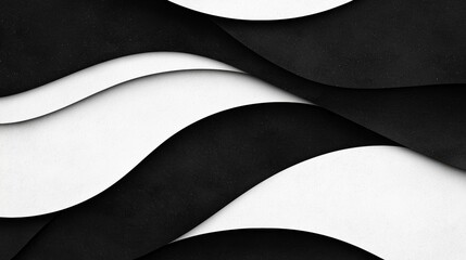 A black and white abstract design with curved lines and overlapping shapes.