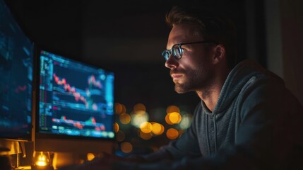 Man works late at night viewing financial charts on computer screens.