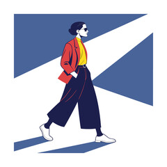Obraz premium Illustration of a woman walking in a fashionable outfit she is wearing a red jacket, yellow shirt, and black pants
