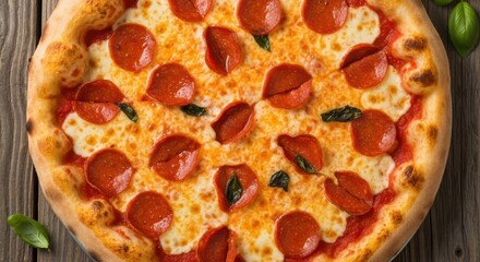 Deliciously topped pepperoni pizza with melted cheese and fresh basil on rustic wood