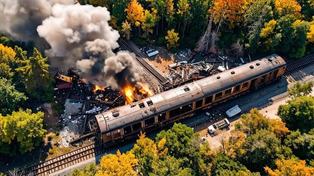 Train Crash in a Forest An Aerial View of Destruction and Autumnal Colors