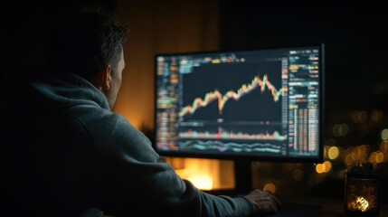 Man watches financial charts on computer screen in dark room.