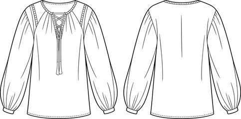Fashion illustration, blouse sketch, lace-up neckline, tassel detail, pleated shoulder, voluminous sleeves, technical drawing, garment design, apparel template, clothing mockup, textile concept