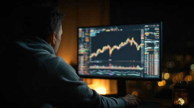 Man watches financial charts on computer screen in dark room.