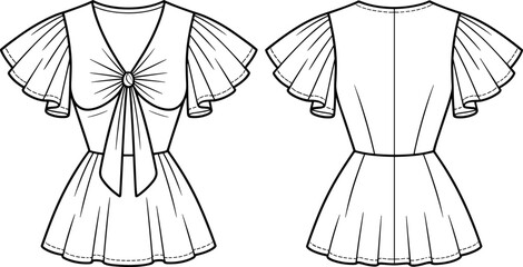 Fashion illustration, blouse sketch, ruffled sleeves, deep V-neckline, fabric ties, peplum hem, technical drawing, garment design, apparel template, clothing mockup, textile concept, fashion flat