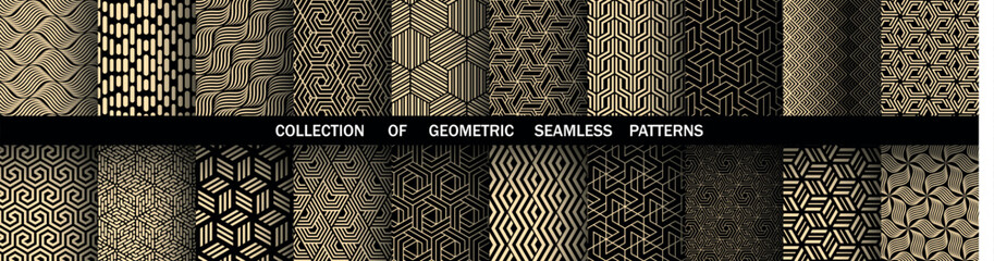 Naklejka na ściany i meble Geometric set of seamless black and golden patterns. Simple vector graphics