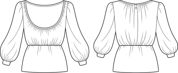 Fashion illustration, blouse sketch, scoop neckline, bishop sleeves, gathered cuffs, peplum silhouette, technical drawing, garment design, apparel template, clothing mockup, textile concept