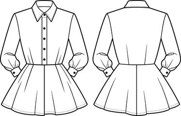 Fashion illustration, dress shirt sketch, flared skirt, technical drawing, puffed sleeves, pointed collar, button cuffs, garment design, apparel template, clothing mockup, textile concept