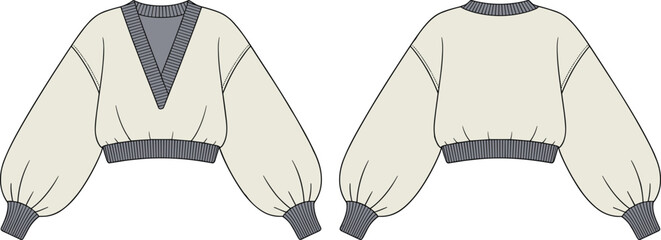 Trendy cropped sweater with balloon sleeves, V neck pullover top, ribbed cuffs and hem, women fashion flat sketch design © Akhi's orld