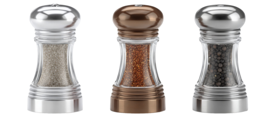 Three stylish pepper and salt shakers in metallic finishes, showcasing a blend of modern design and functionality, perfect for enhancing dining experiences in contemporary kitchens