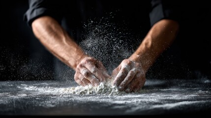 Hands mixing flour on a dark surface with powder scattering.