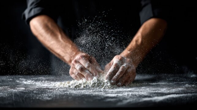 Hands mixing flour on a dark surface with powder scattering. - Powered by Adobe