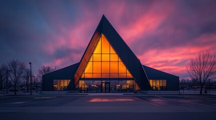 A modern building with a triangular roof and large glass windows.