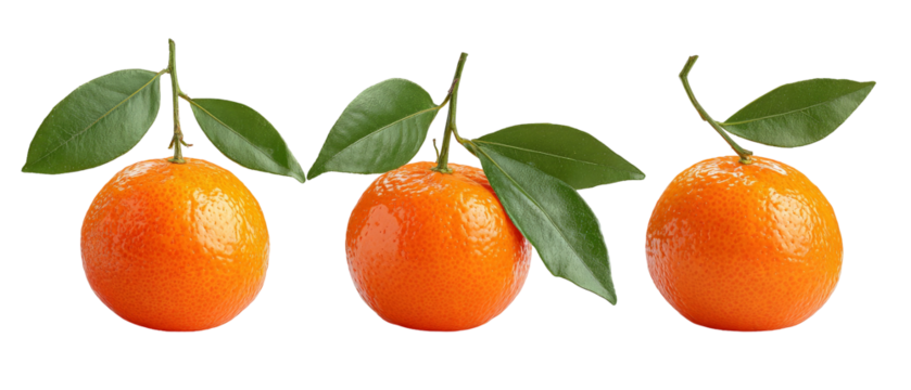 Three vibrant oranges with green leaves arranged in a row, showcasing their glossy texture and fresh appearance against a clean background, ideal for food-related content