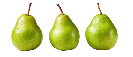 Three ripe green pears arranged closely together on a clean white background, showcasing their smooth texture and vibrant color, ideal for food-related content or healthy eating themes