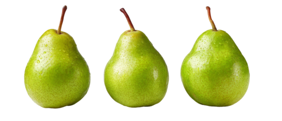 Three ripe green pears arranged closely together on a clean white background, showcasing their smooth texture and vibrant color, ideal for food-related content or healthy eating themes