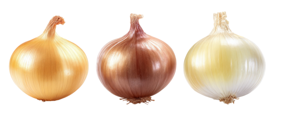 Three varieties of onions displayed in a row, highlighting their distinct colors and textures against a clean, white background, suitable for culinary use or food-related content