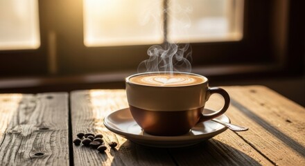 Steaming hot coffee cup with latte art on a rustic wooden table by a sunlit window