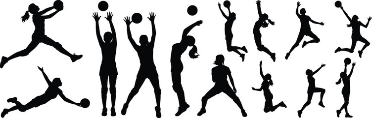 Volleyball silhouette collection, dynamic player poses, jump spike action, serve set dive, black athlete figures, sport movement, team game, fitness concept, white background