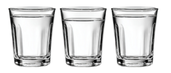 Three clear glass tumblers filled with water, arranged neatly on a white background, highlighting their transparency and reflections, suitable for beverage-related content