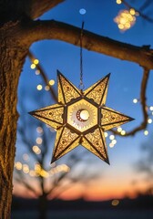 golden christmas star, Filipino star lantern lights up the night. Decorative ornament hangs from a branch. Glowing star-shaped light shines brightly creating festive vibes during holidays.