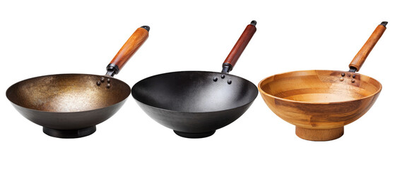 A collection of three distinct cooking woks and a wooden bowl, showcasing various materials and finishes, ideal for culinary enthusiasts and kitchenware promotion