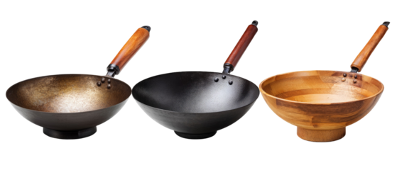 A collection of three distinct cooking woks and a wooden bowl, showcasing various materials and finishes, ideal for culinary enthusiasts and kitchenware promotion