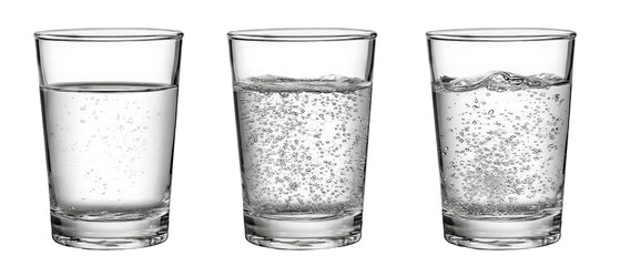 Three clear glasses filled with varying levels of carbonated water, showcasing the effervescence and bubbles, with a simple black background for contrast