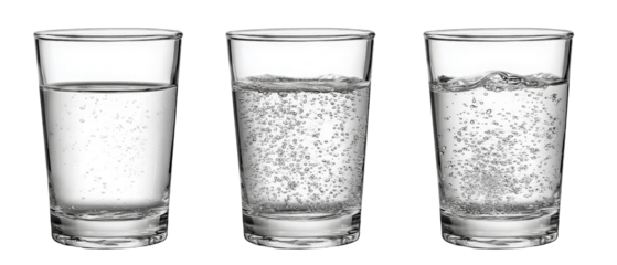Three clear glasses filled with varying levels of carbonated water, showcasing the effervescence and bubbles, with a simple black background for contrast
