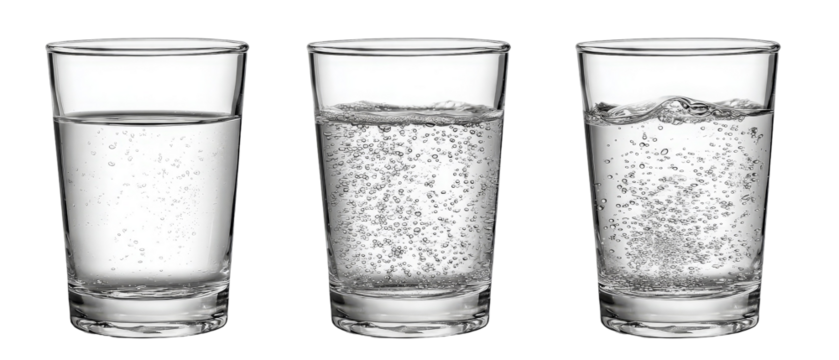 Three clear glasses filled with varying levels of carbonated water, showcasing the effervescence and bubbles, with a simple black background for contrast