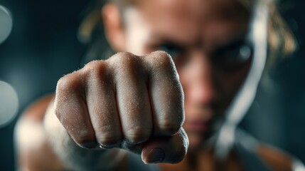 Close up of sweaty fist punching toward camera with blurred background.