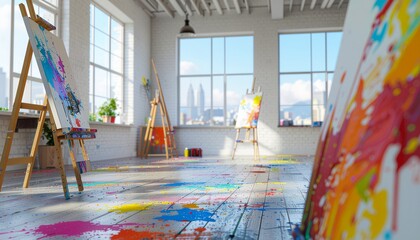 Art studio with canvases on easels, paint splatters on wooden floor, and city skyline through large windows