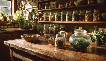 A rustic kitchen table displays various ingredients, including herbs and spices, with jars and bowls filled with natural elements, creating a cozy and inviting atmosphere for culinary exploration