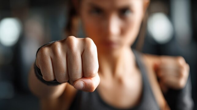 Woman's clenched fist punching forward in a dark gym setting.