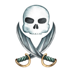 Fototapeta premium Pirate theme. Skull and crossed cutlasses. Hand-drawn watercolor illustration. Symbol of danger and death for logos, warning signs. For packaging, labels, games, stickers, and more.
