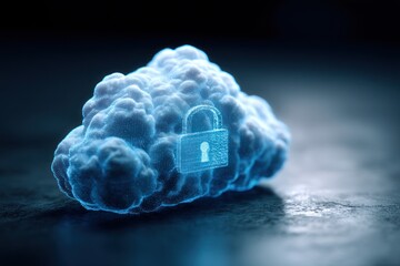 Glowing digital cloud with security padlock icon on dark surface.
