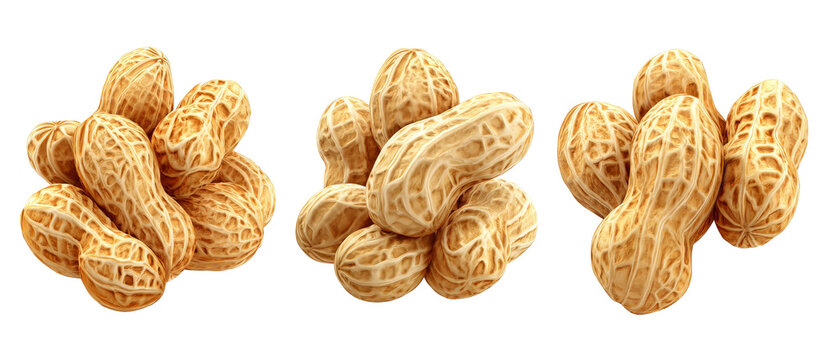 A close-up view of three clusters of raw peanuts showcasing their textured shells, set against a neutral background, ideal for food-related content and culinary uses