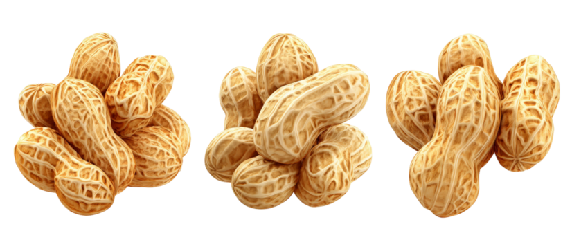 A close-up view of three clusters of raw peanuts showcasing their textured shells, set against a neutral background, ideal for food-related content and culinary uses