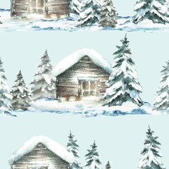 Fototapeta premium Winter landscape snow covered cabin with snowy spruce tree watercolor seamless pattern. Wooden house and Christmas fir realistic hand drawn illustration Fabric on isolated light blue green background