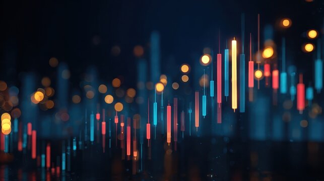 Abstract glowing candlestick chart with bokeh lights on dark background.
