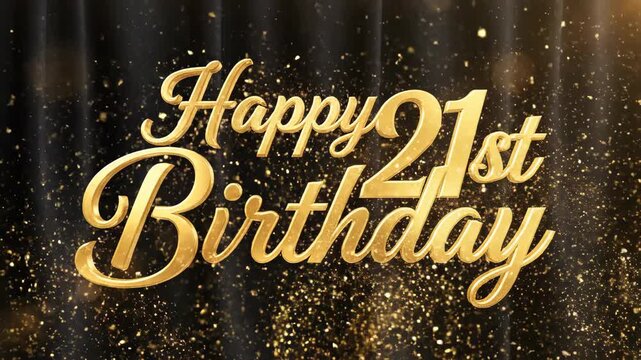 Elegant Happy 21st Birthday greeting card with golden glitter confetti on a dark curtain background. Festive twenty-first birthday celebration banner