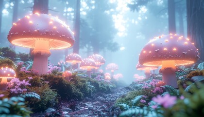 Magical Forest Path Illuminated Mushrooms in a Mystical Landscape, Glowing Fantasy