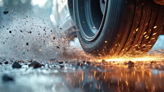 Close-up of a car tire kicking up gravel and sparks as it accelerates on a wet surface, highlighting motion and friction