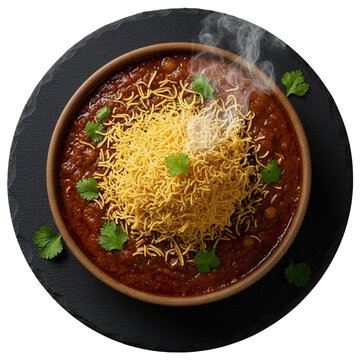 Sev usal Vadodara style, spicy gravy with crispy sev mountain on top, coriander garnish, realistic steam, transparent PNG