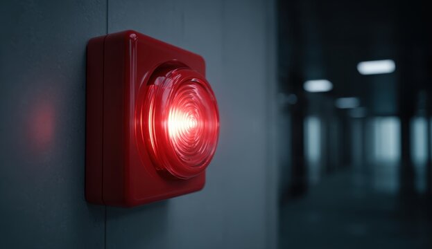A bright red emergency light is illuminated on a wall, providing a visual warning in a building hallway, indicating a potential hazard or urgent situation that requires immediate attention and action