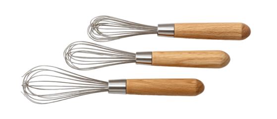 A set of three stainless steel and wooden whisks arranged in a neat row, showcasing their unique designs and functionalities, perfect for culinary use in a modern kitchen setting