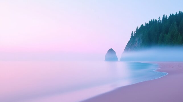 Summer fog rolling over a peaceful beach at dawn, creating a mysterious and tranquil atmosphere.