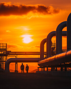 A dramatic sunset casts an orange glow over a modern gas pipeline station