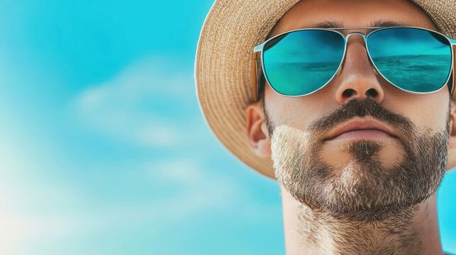 Summer look of a man wearing sunglasses and a sun hat, enjoying a leisurely day on the beach.